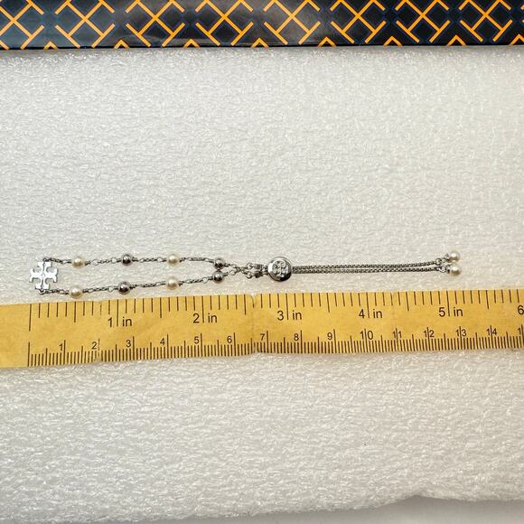 Tory Burch Logo Pearl Beaded Slider 164147 IN Tory Silver/Pearl - Picture 10 of 11
